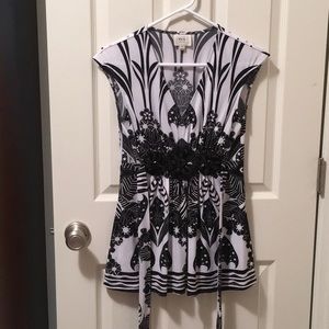 ECI- Black & White Blouse with Beaded Waist Band